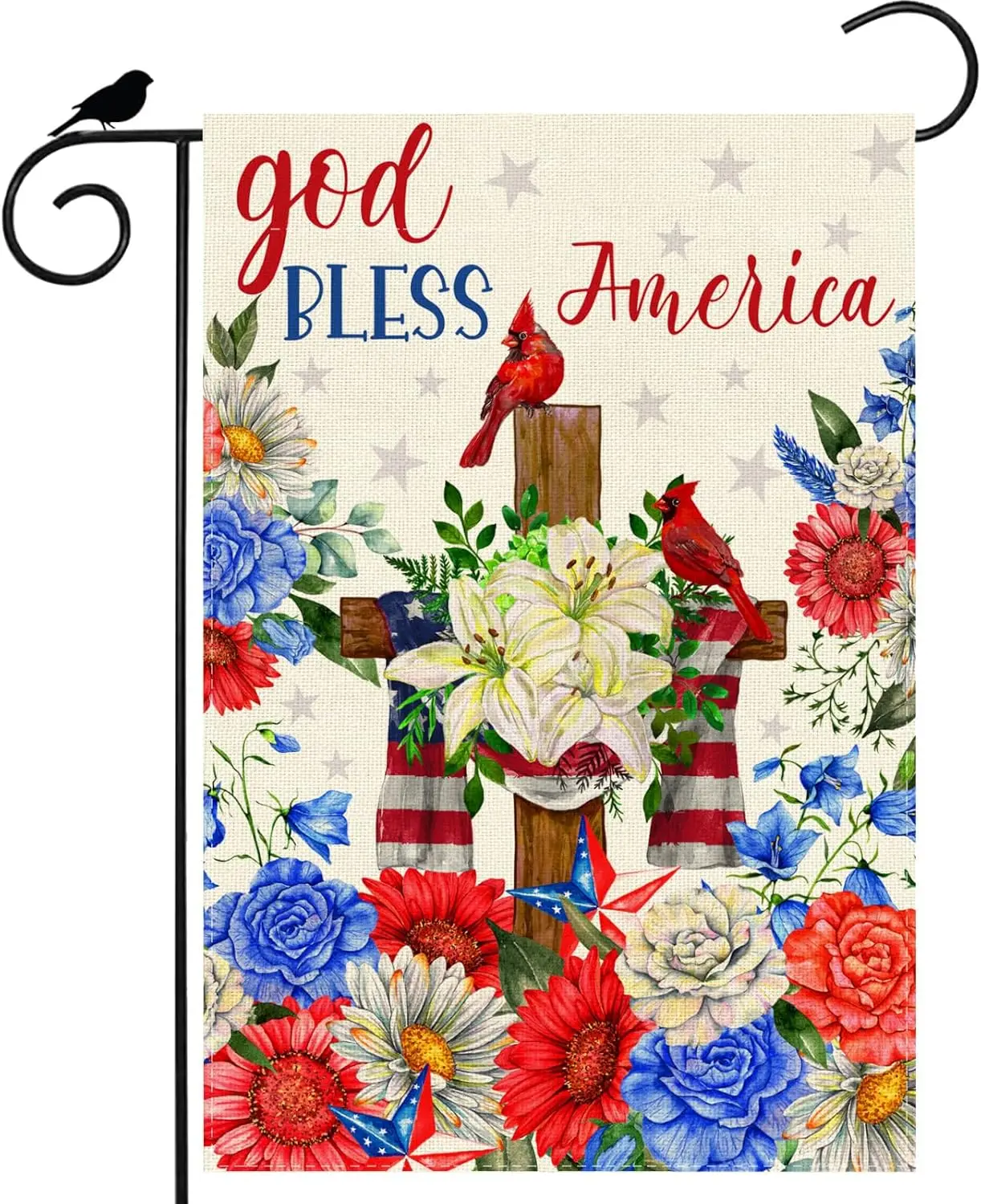 Colorful Watercolor Flowers Cardinals America Memorial Day Garden Flag 12x18 Inch Patriotic Double Sided Small Mini Yard Fla AAS