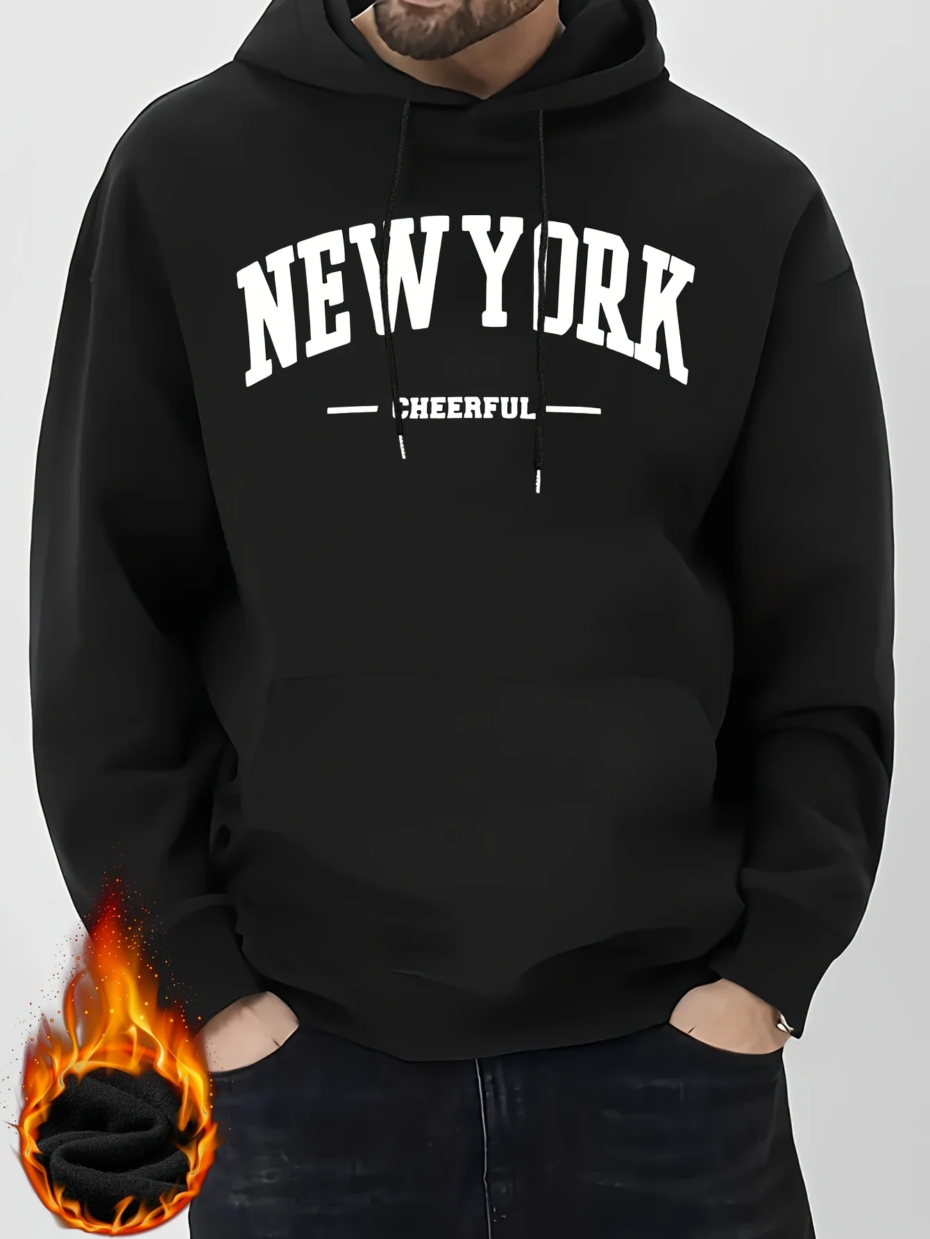 Casual Versatile Fashion New York Style Letter Print Men Hooded Sweatshirt Autumn Winter Daily Outdoor Exercise Loose Fitness