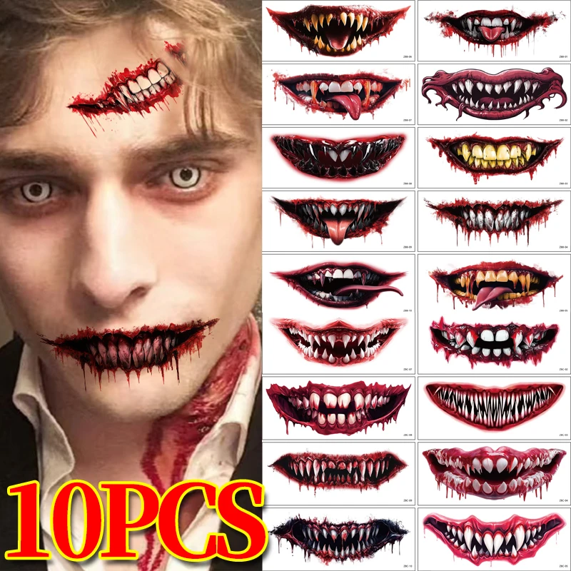 Halloween Horror Fake Tattoo Big Mouth Face Sticker Waterproof Temporary Tattoos for Women Men Party Festival Cosplay Decoration