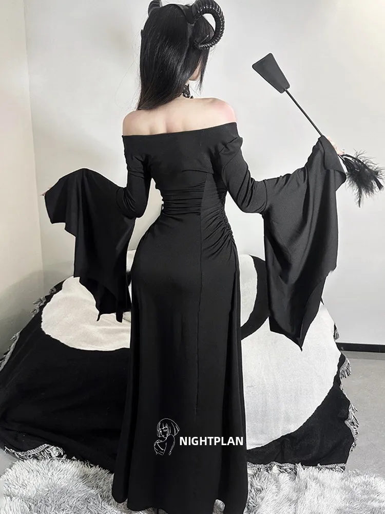 Vestido Gótico Ne de Manga Larga, Ajustado, para loween, Serie Oscura, Falda de Cola de Pez de Cintura Alta, Tela de Po...