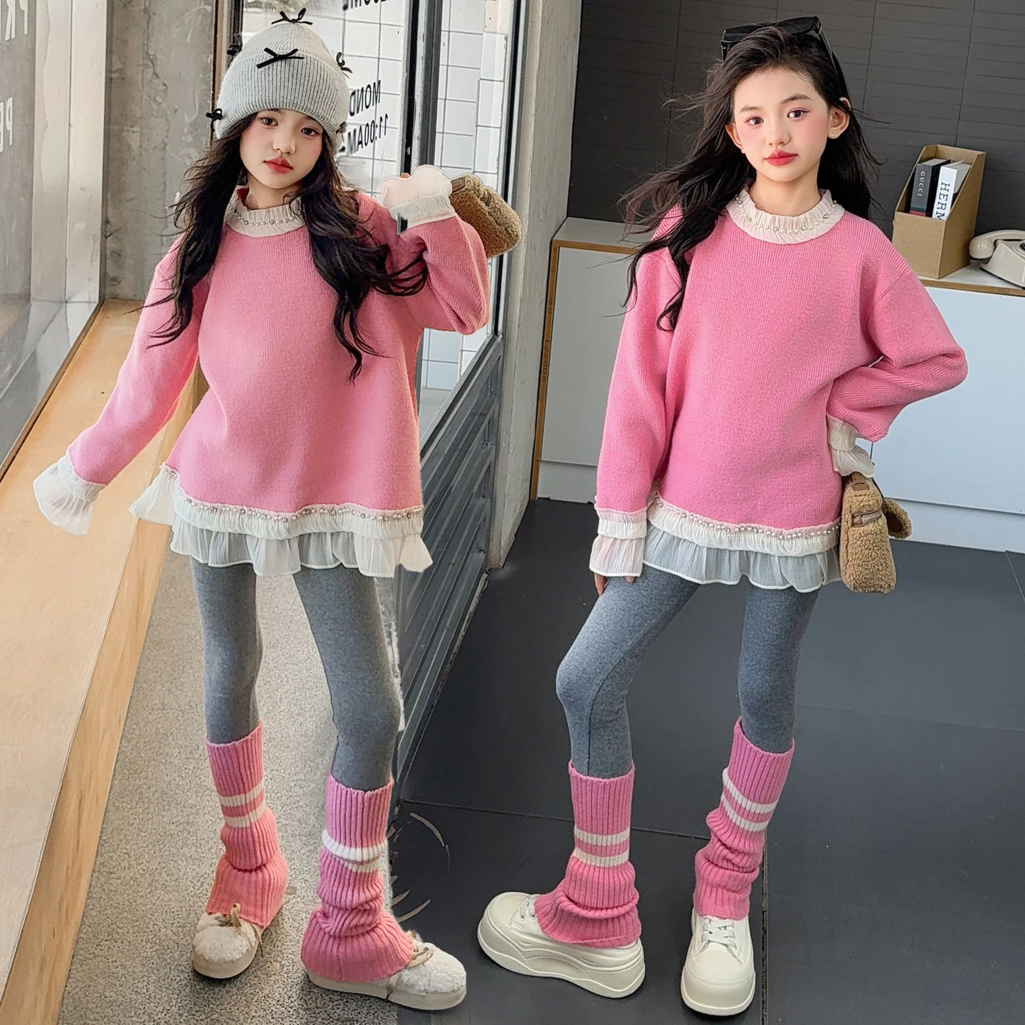 

25AW Baby Girl Vintage Fashion Spring Autumn Cute Knitwear Kids Beaded Neck Round Knit Sweater Children Autumn Winter Clothes