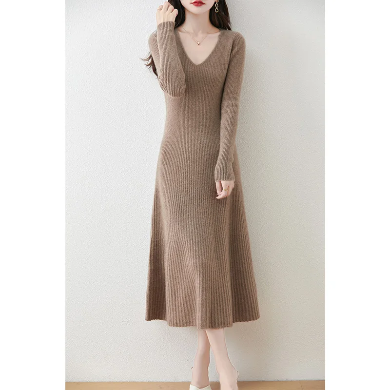 2024 Autunmn And Winter 100% Wool Knitted V-neck Dresses Hot Sale Sweaters Women  Soft High Quality Ladies Jumpers Clothes