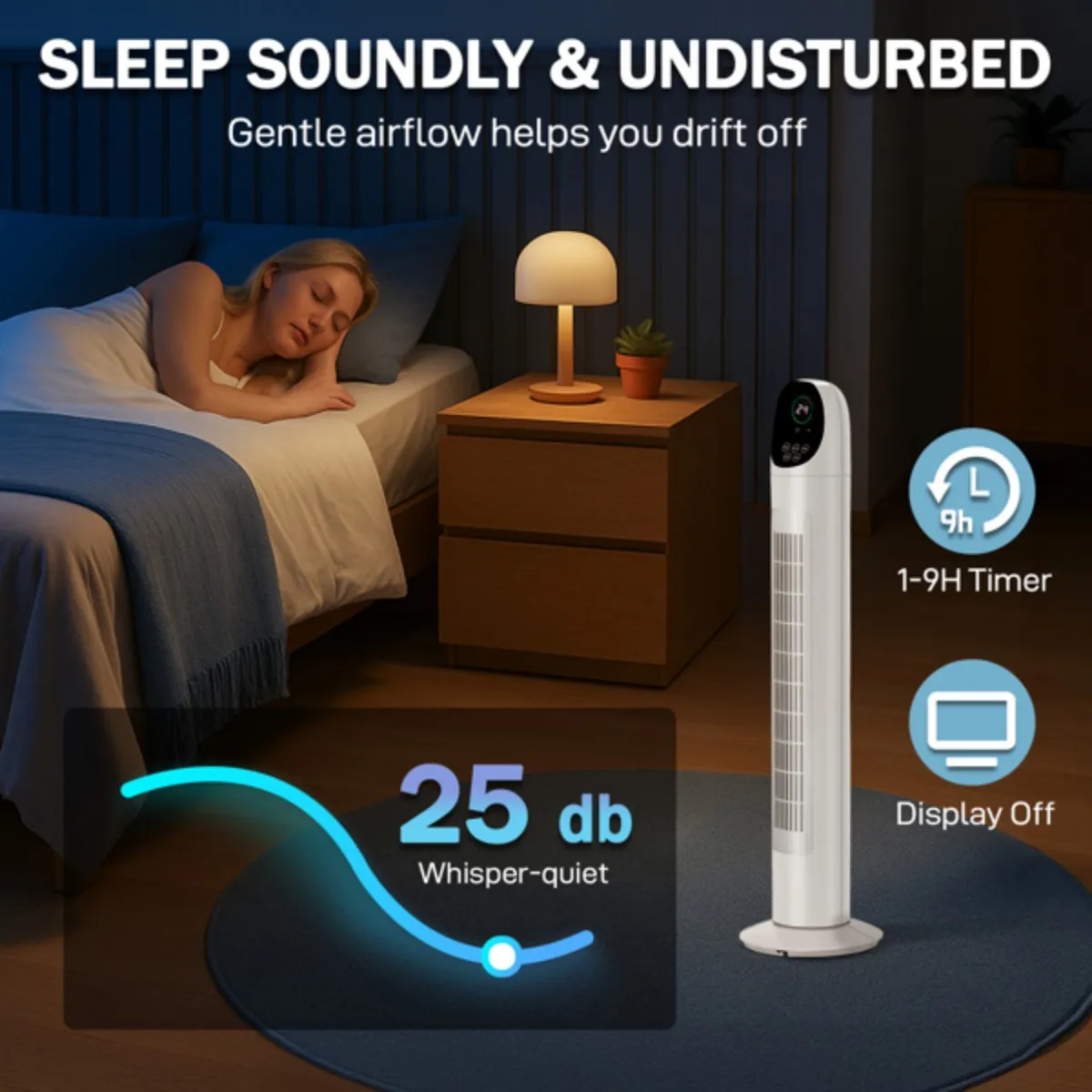 مروحة برجية 3 سرعات لغرفة النوم، مراوح أرضية متأرجحة للداخل، مؤقت 9H، مروحة قائمة هادئة بدون شفرات لتبريد المكتب المنزلي