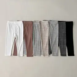 Leggings de algodón acanalado para niños y niñas, pantalones casuales a rayas, ropa para el hogar, otoño