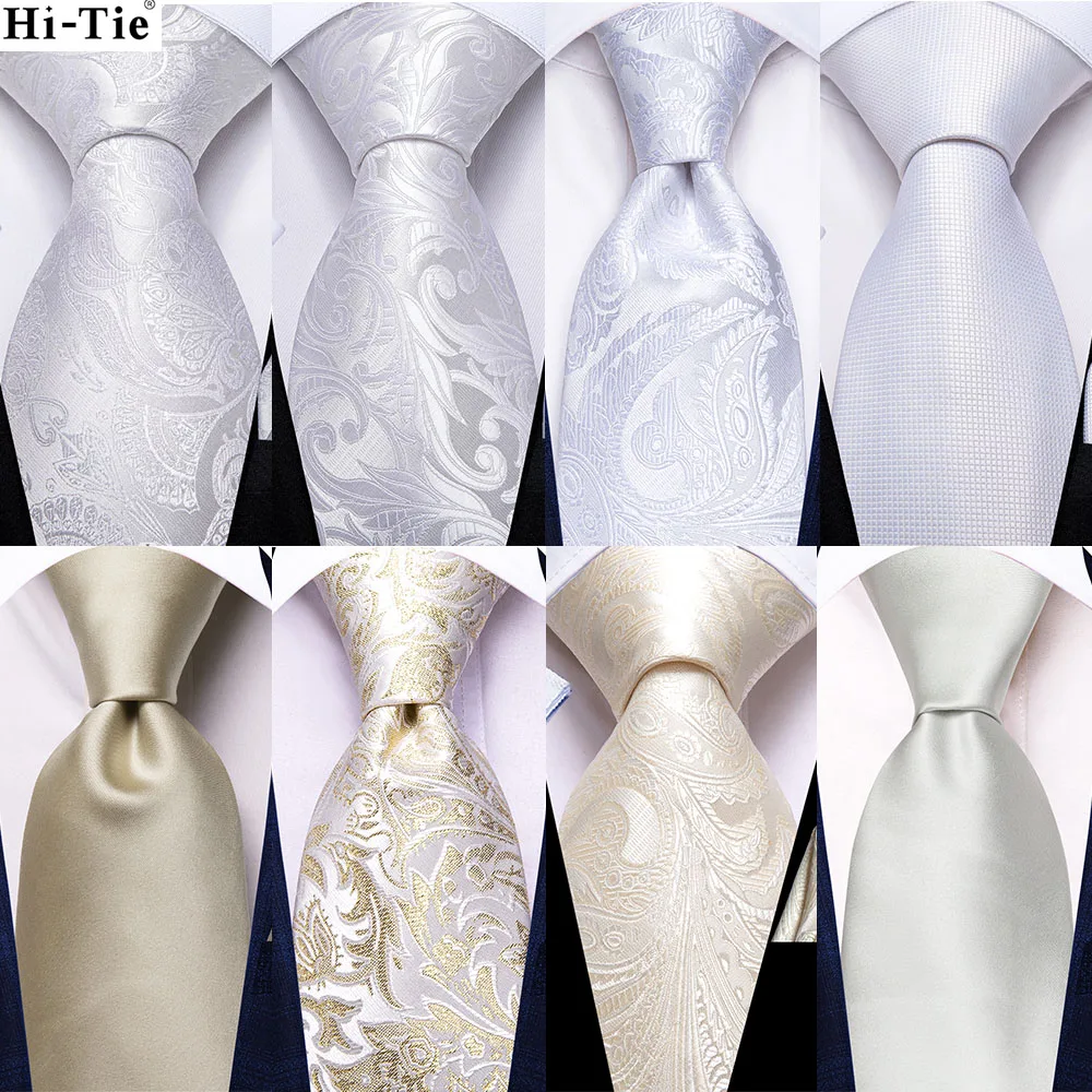 White Sliver Men's Ties Hanky Cufflinks Set Silk Neck ties For Men Wedding Party Business Mens Tie 2022 New Fashion Brand Hi-Tie