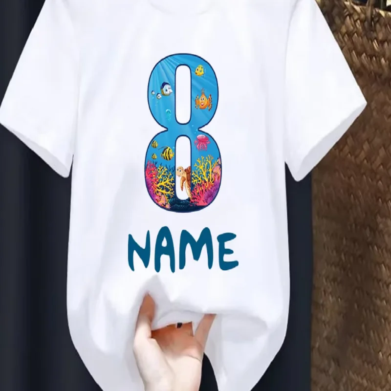 2-10 Years Old Birthday Print -Tshirt Boys Cute Marine Creatures Turtle Numeral Print Kids T Shirt Funny Boys/Girls Tshirt Tops