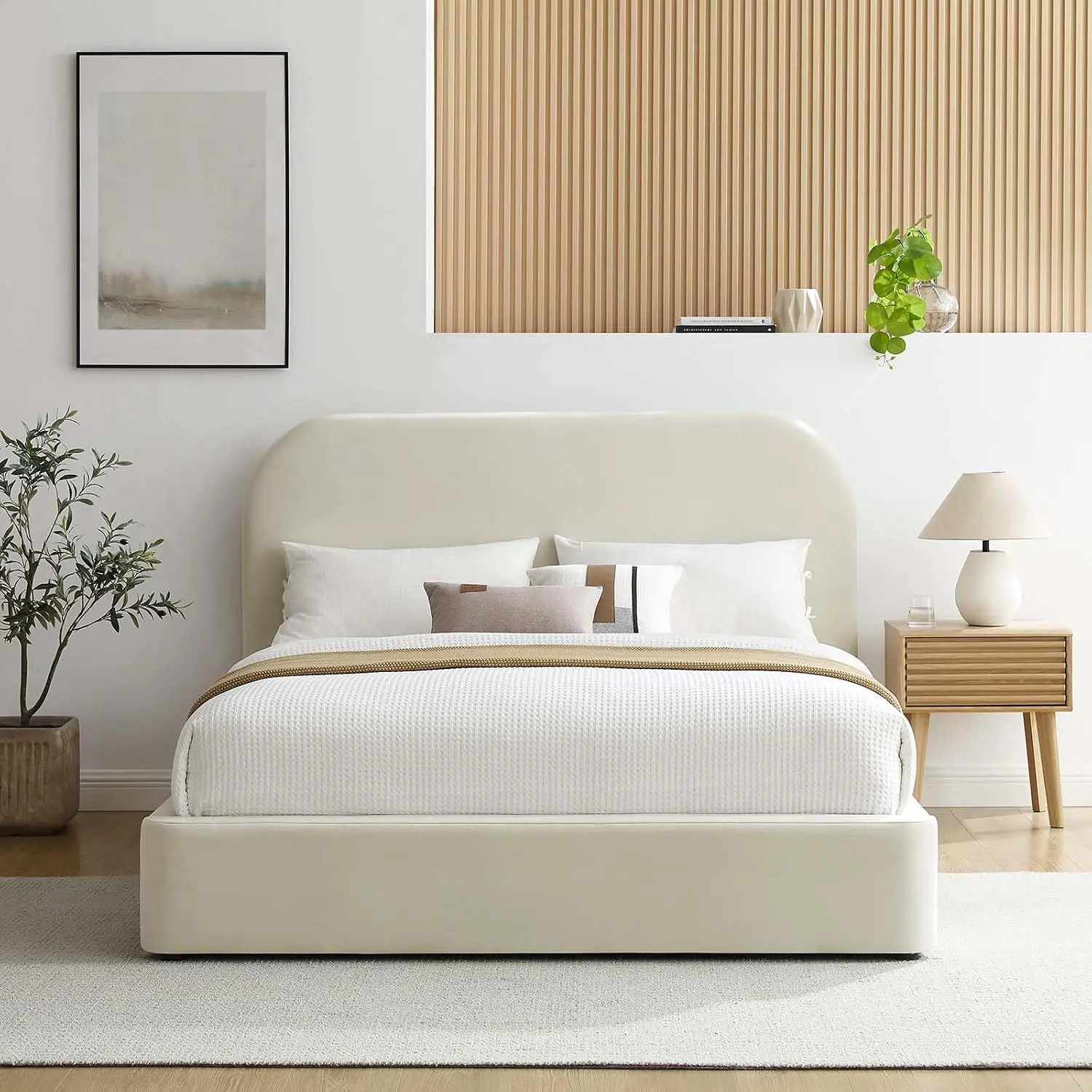 Modern King Size Bed Frame Curved Headboard Upholstered Velvet Platform Bed No Box Spring Needed, Customized