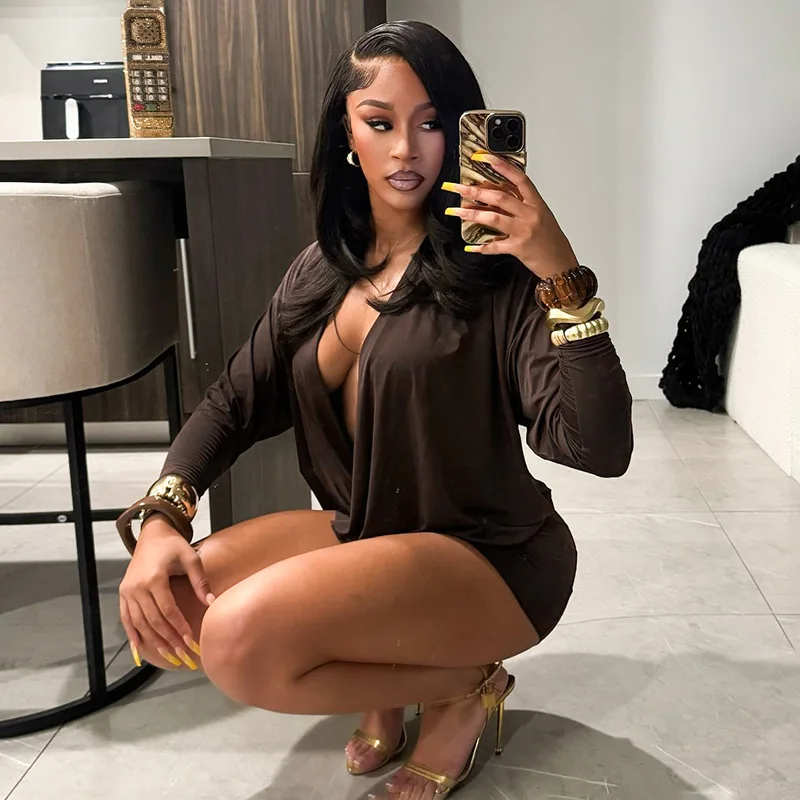 섹시한 V넥 숏 드레스 여성 2025 가을 패션 우아한 피치 힙 풀 슬리브 슬림 미니 바디콘 파티 클럽웨어