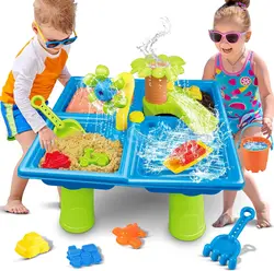 Summer Beach Water Table for Toddlers 4-in-1 Outdoor Play Table Rain Showers Splash Pond Toys 24 PCS Sensory Activity Sand Table