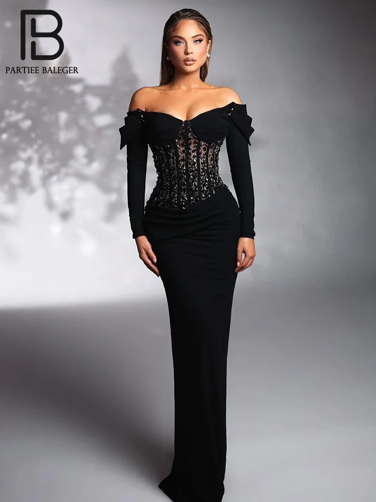 PB 2024 Mermaid Evening Dresses Black Long Sleeve Crystal Prom Gown Corset Off The Shoulder Satin Surface Shining Black Gowns