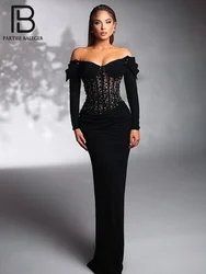 PB 2024 Mermaid Evening Dresses Black Long Sleeve Crystal Prom Gown Corset Off The Shoulder Satin Surface Shining Black Gowns