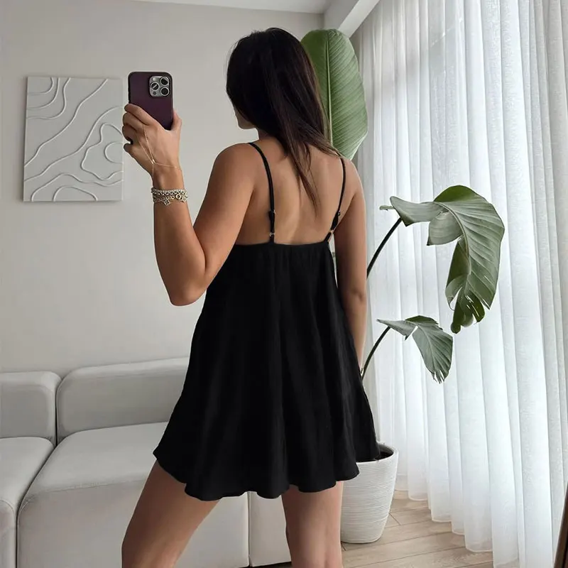Summer High Waist Slim Fit Cotton Halter Dress Women's Vacation Style Casual Short A-Line Skirt V-Neck Sleeveless Gored