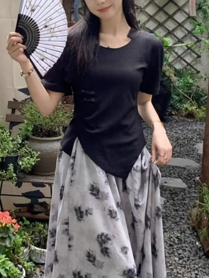 Afslanken Chinese Sle Zomer Nieuwe Trendy vrouwen Set Bloemen f Rok Ele Top plus Size 300Pou Tweedelige Set