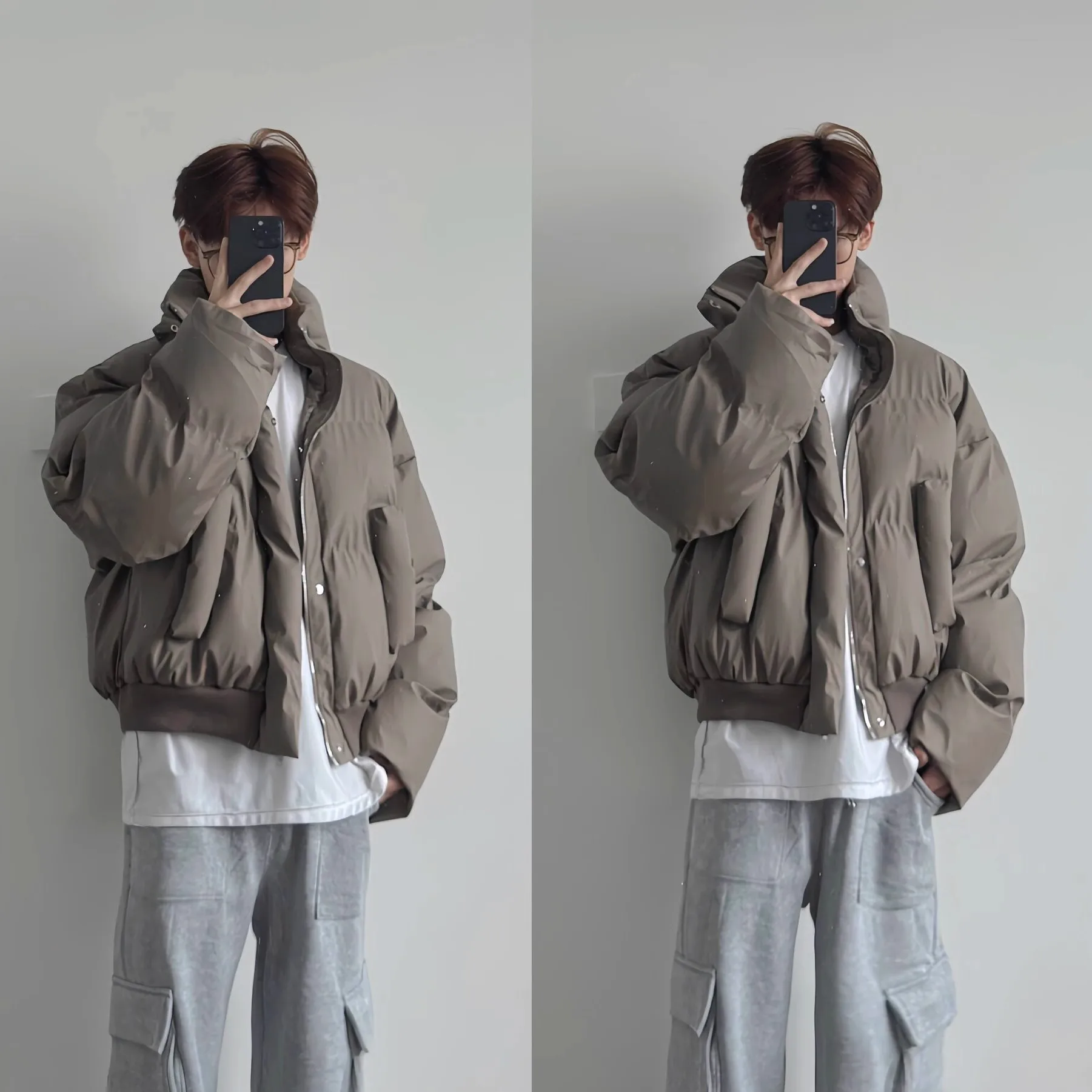 American New Fashion Men's PU Solid Color Casual Trendy Simple Basic Loose Stand Collar Quilted Jackets Male Coats Clothes Tops