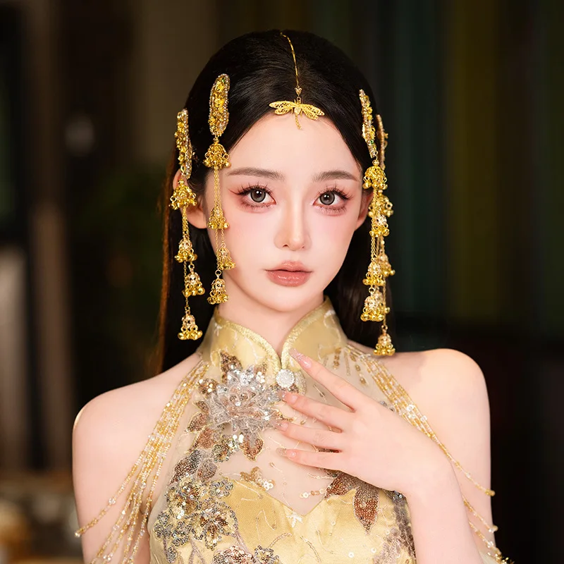 Chinese Style Gold Color Plated Long Chain Tassel New in Hair Clips for Women Flower Bell Bridal Wedding Ethnic Hair Accessories