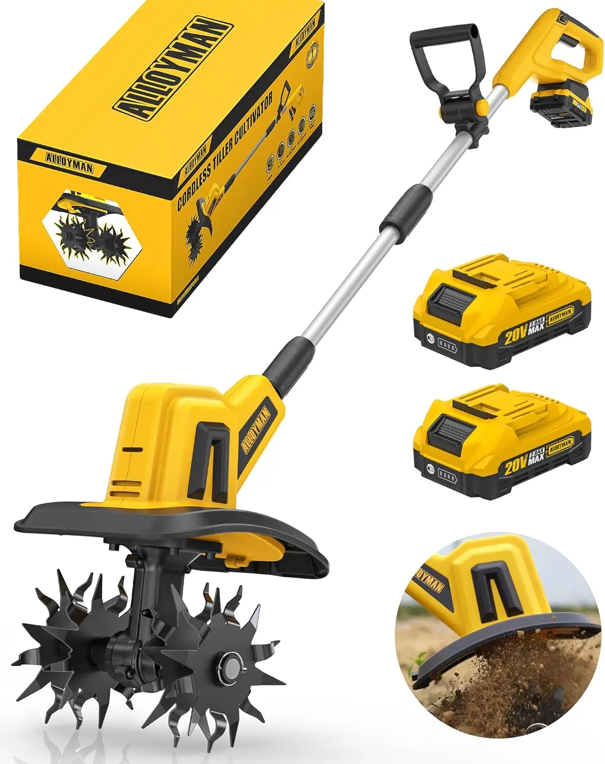 

Аккумуляторный культиватор 20В, электрический садовый культиватор 360 об/мин, с 2 аккумуляторами 2.0 Ач и зарядным устройством, ширина обработки 9 дюймов и глубина 6.6 дюймов