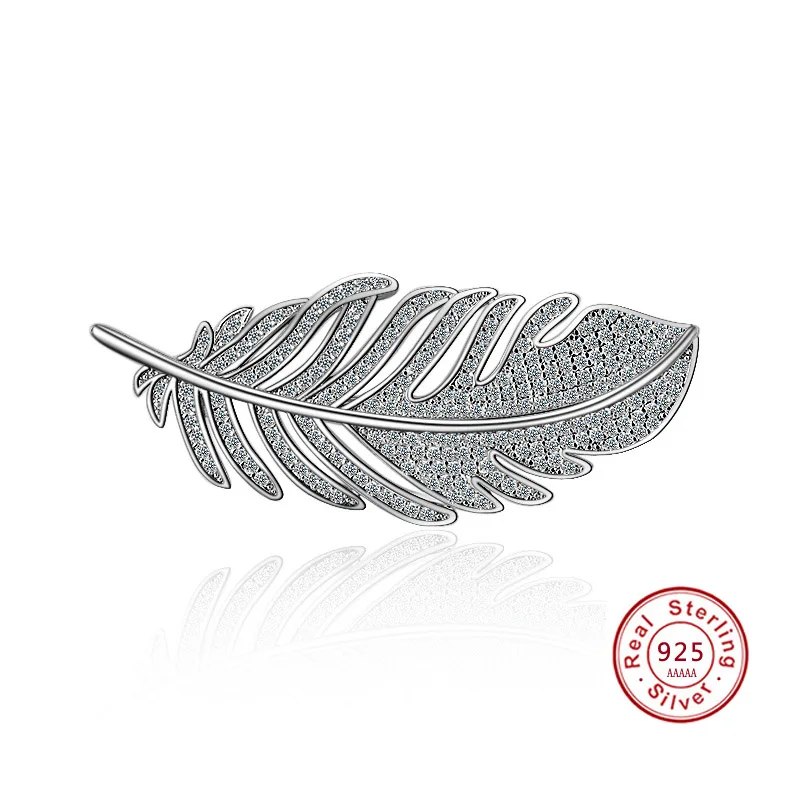 Fashion leaf Feather 925 sterling silver Brooches for Women Corsages with Shining Crystal Brooch Big Scarf Clothes Accessories