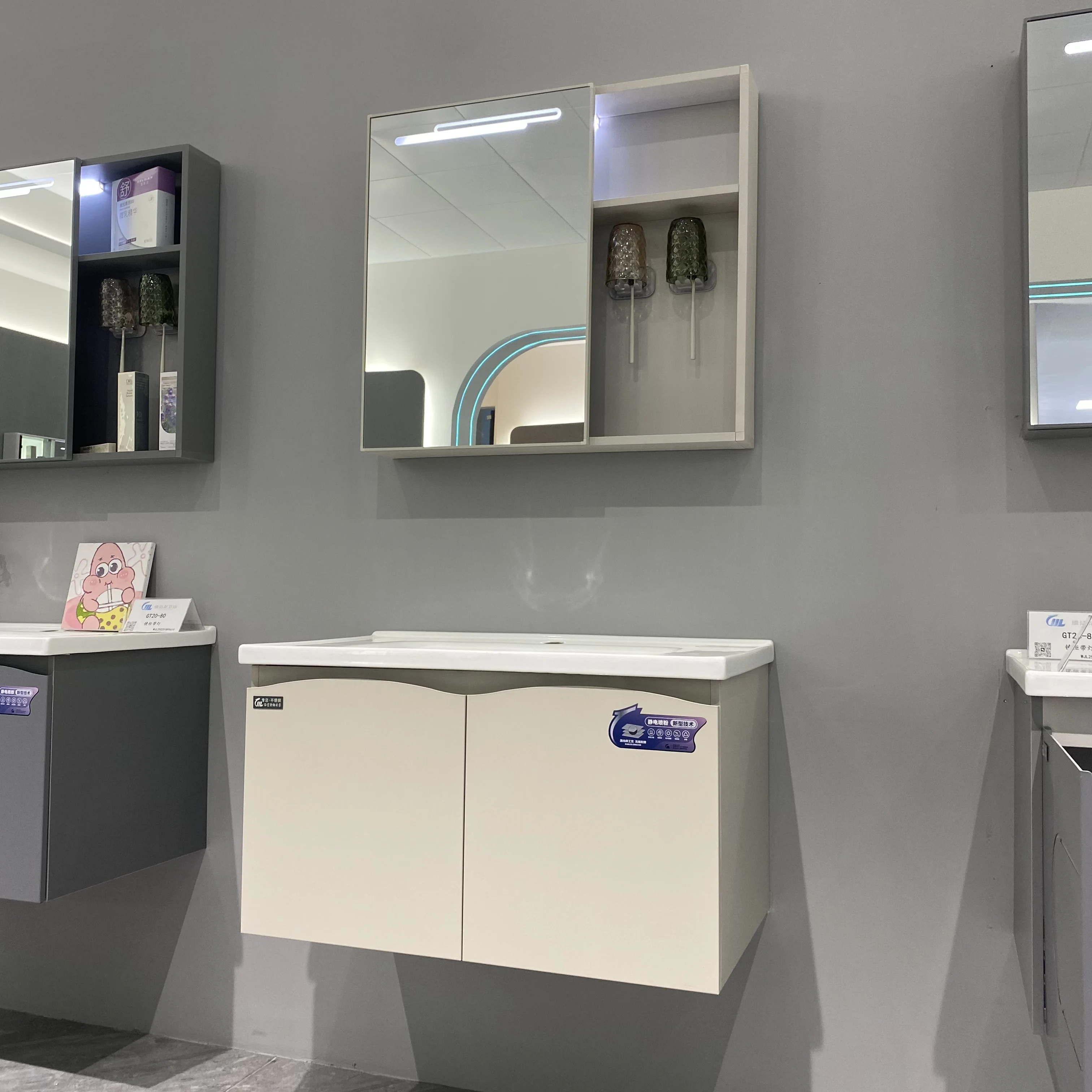 Modern Wall-Mounted Ceramic Vanity Combo With LED Mirror Easy Clean Hotel Use 70cm Rectangle Basin