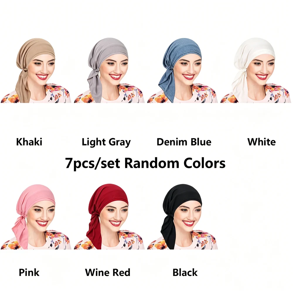 

7 In 1 Pre Tied Turban Set Muslim Inner Hijab Stretch Beanie Bonnet Chemo Cap Women Soft Breathable Hair Cover Headwear