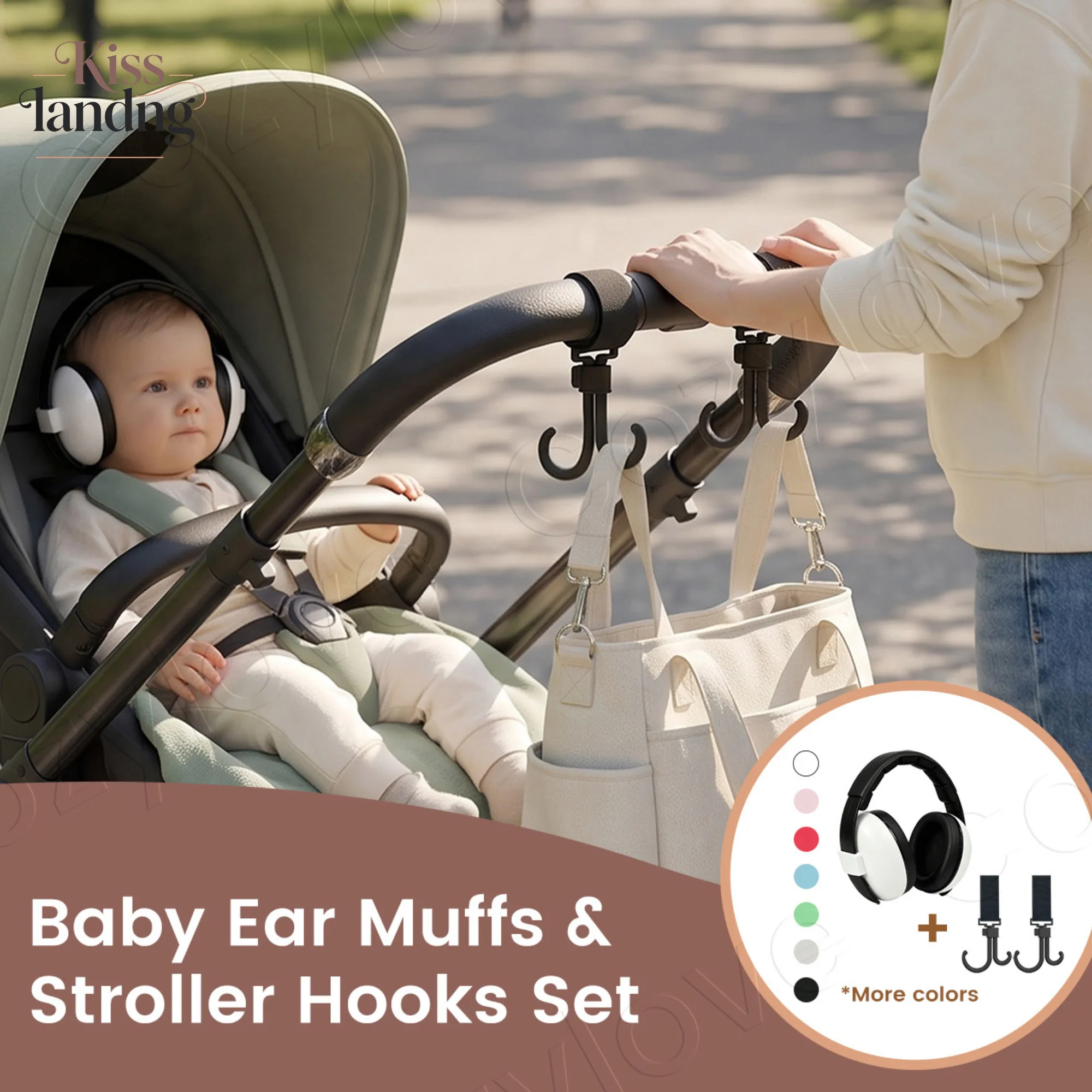Baby Ear Muffs Noise Protection with Stroller Hooks Set Adjustable Infant Ear Defenders for Multi-purpose Stroller Bag Holder