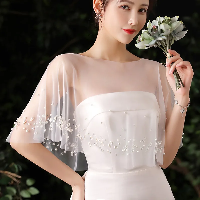 Bride's Shawl Handmade Pearl Tulle Cape