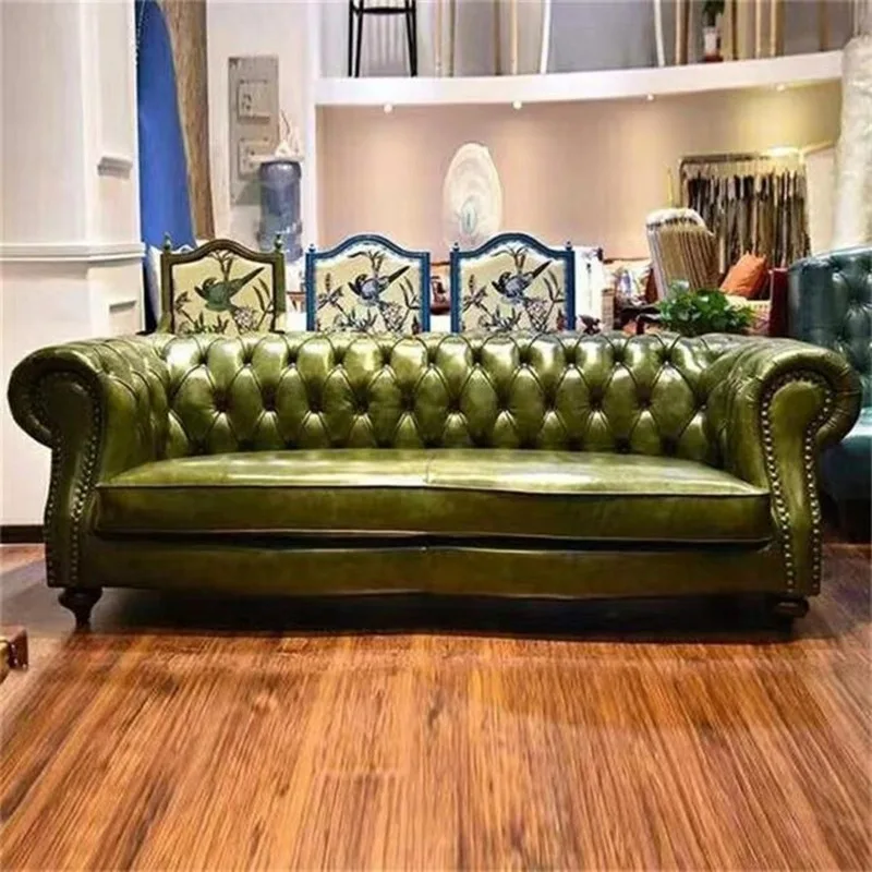 

Cowhide living room single and double three-person European-style small apartment leather art buckle leather sofa
