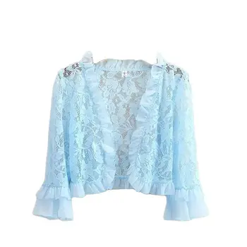 Koronkowe bolerko damskie eleganckie damskie z długim rękawem kardigan szyfonowy przezroczysta kurtka ślubna wzruszając ramionami na wieczór weselny balu maturalnego