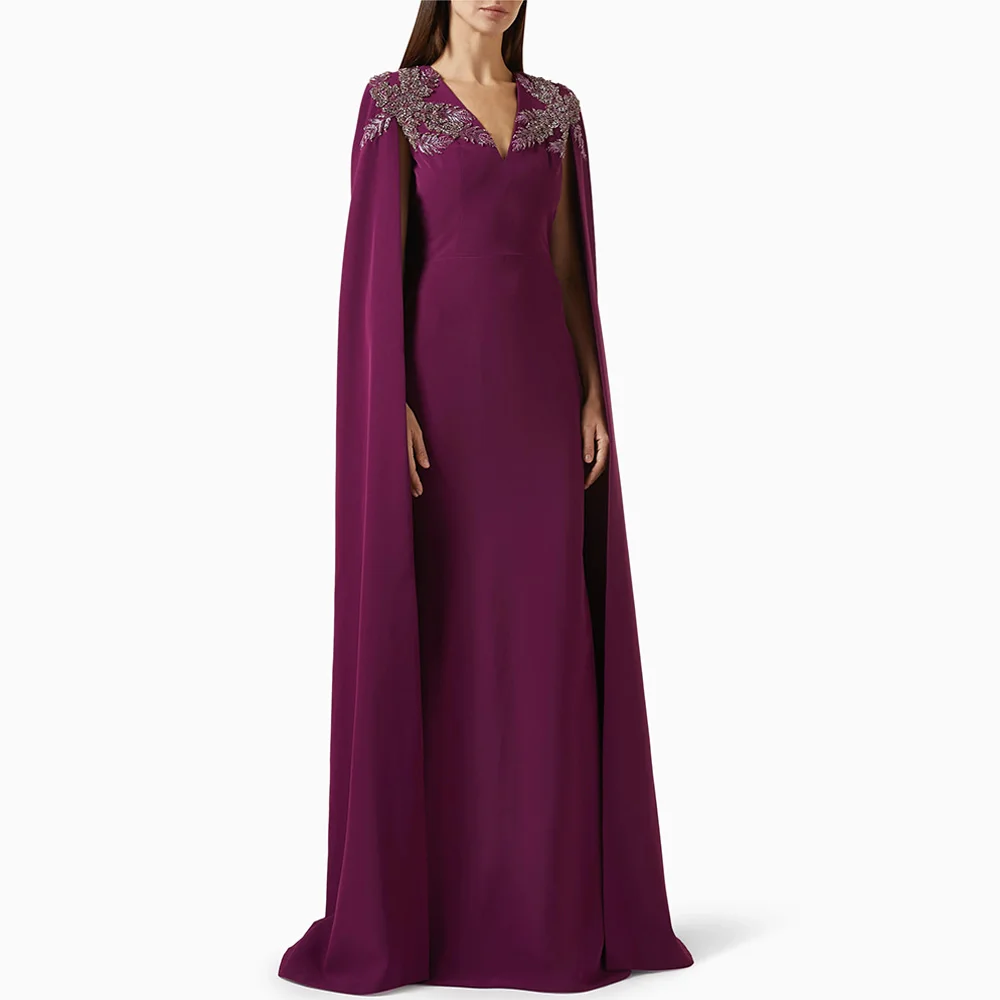 Robe de soirée sirène violette avec cape, col en V personnalisé, perles de cristal, robe de soirée arabe, robes pour occasions spéciales