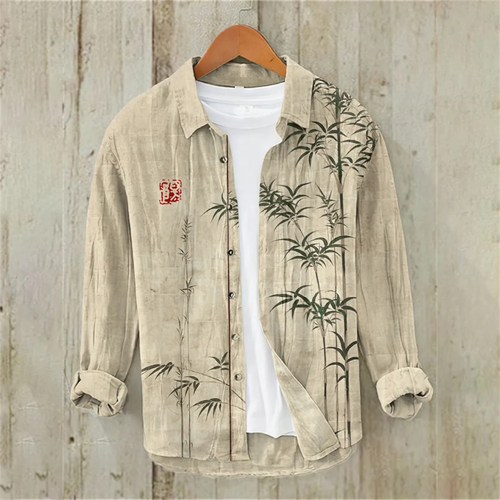 Men's Long Sleeve Shirt Linen Shirt Japanese Fashion Art Bamboo Illustration High Quality Large Size Men's Clothing