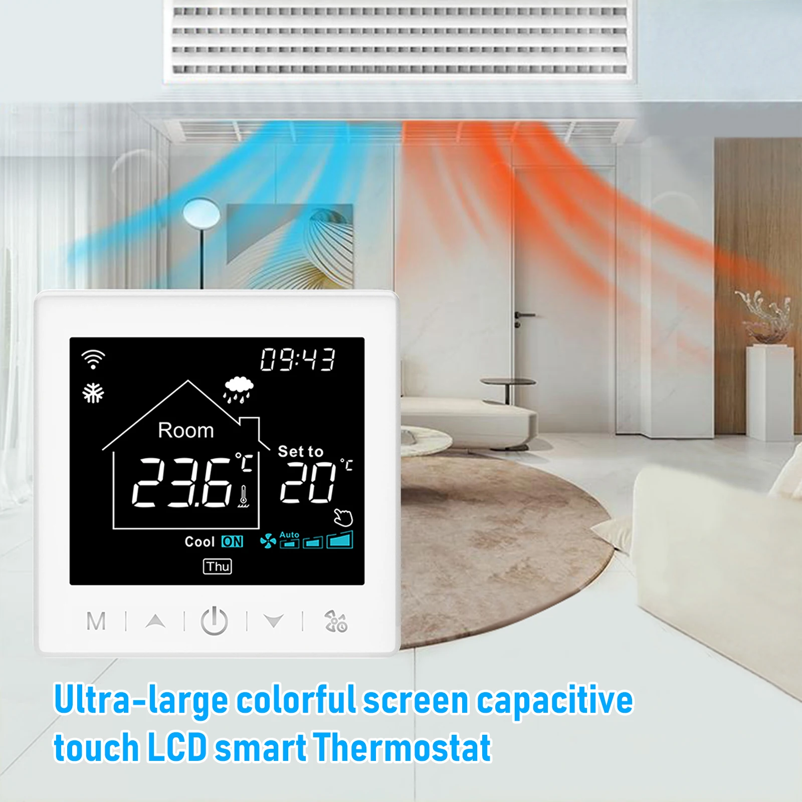 

Умная катушка вентилятора для 4-трубной системы, термостат WIFI/485 Modbus с приложением и голосовым управлением, 3,5-дюймовый ЖК-дисплей, интеллектуальный