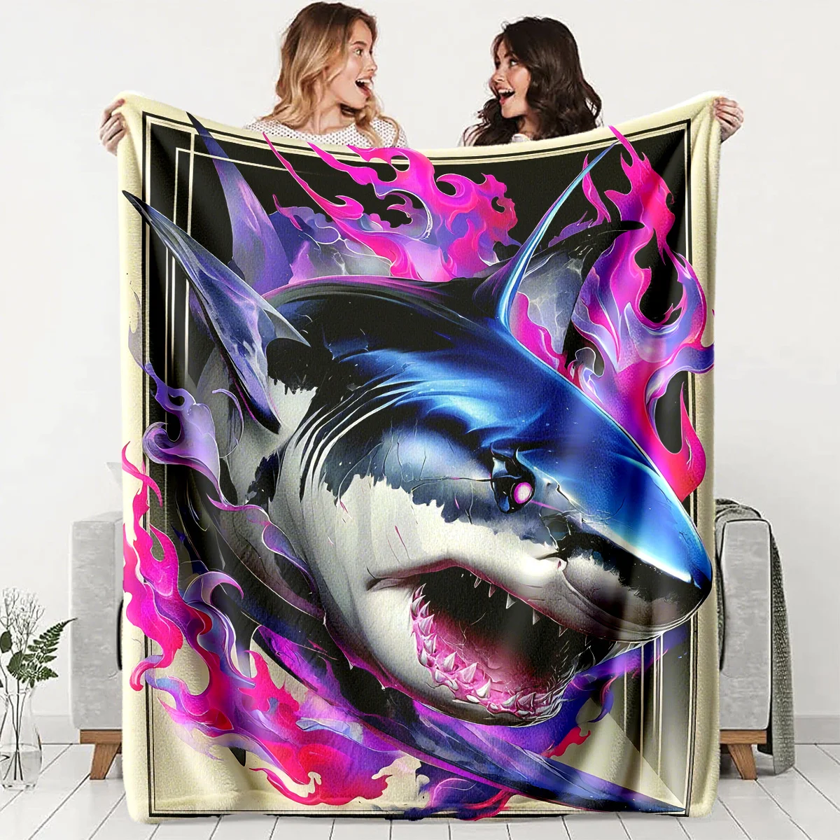 Cyber Flame Shark Pattern Flannel printed blanket suitable for all seasons suitable for living room office sofa and travel