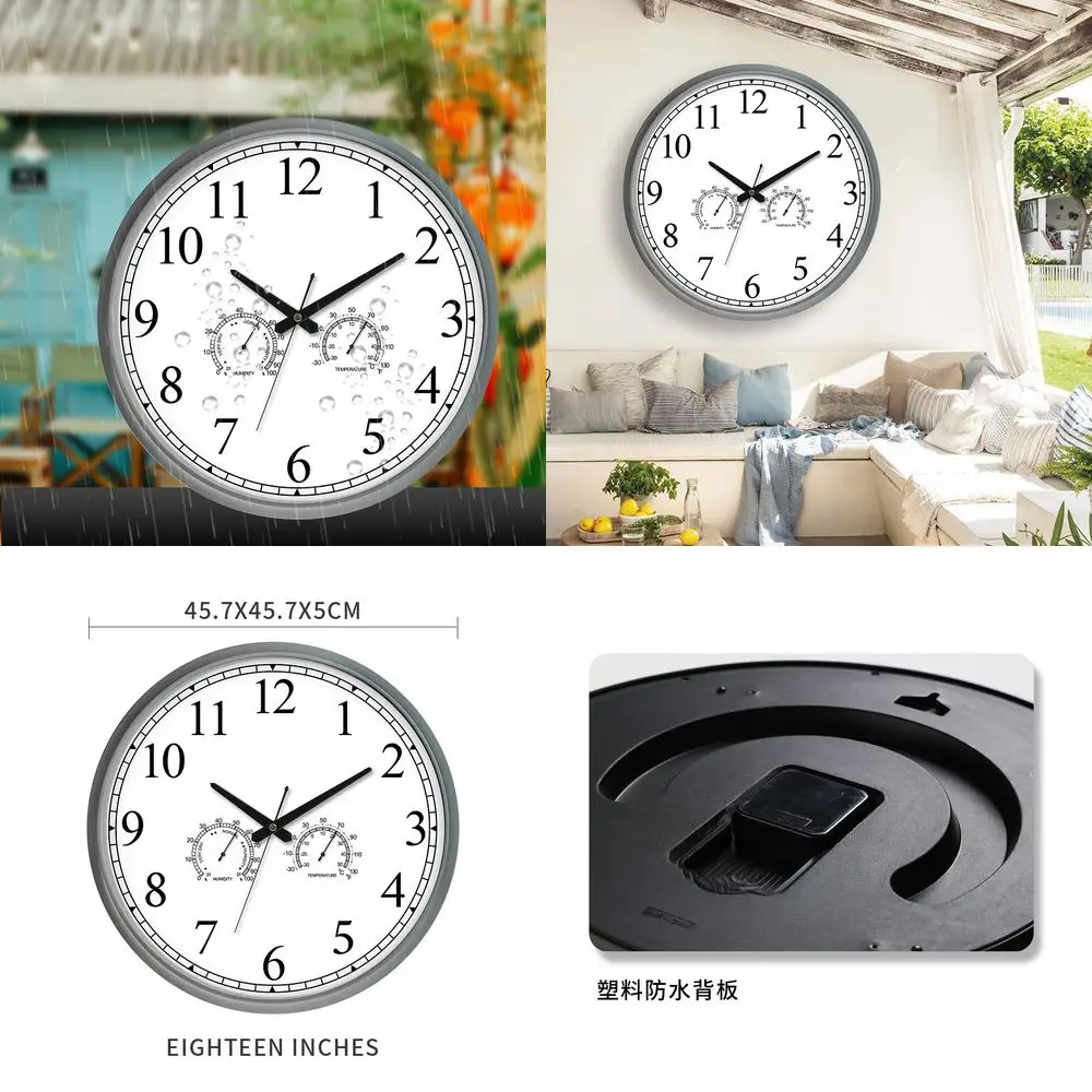 

18-дюймовые большие уличные настенные часы, водонепроницаемые, с температурой и влажностью, устойчивые к дождю и солнце, бесшумные круглые настенные часы