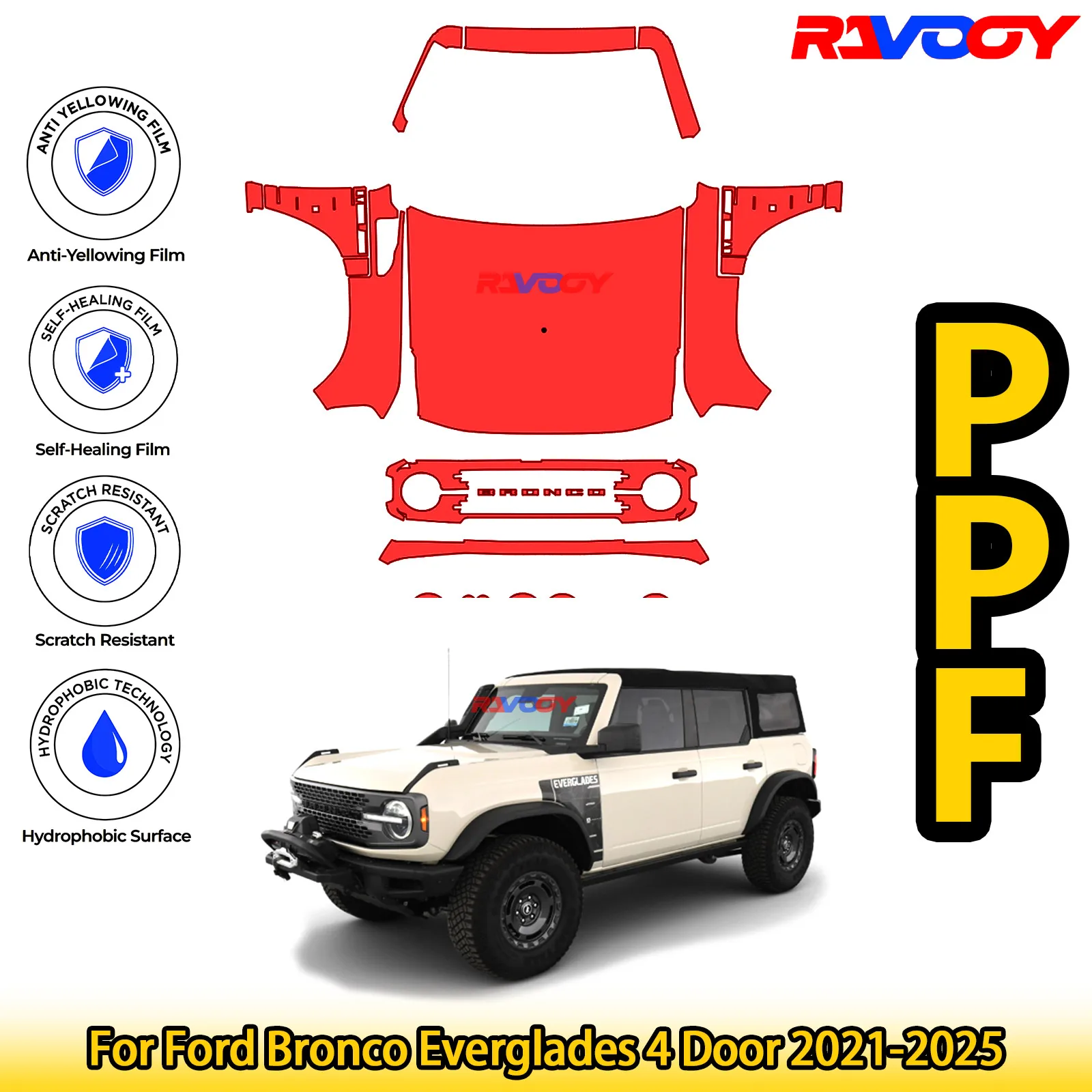 

For Ford Bronco Everglades 4 Door 2021-2025 Glossy Matte Black Precut front PPF Kit Paint Protection Film