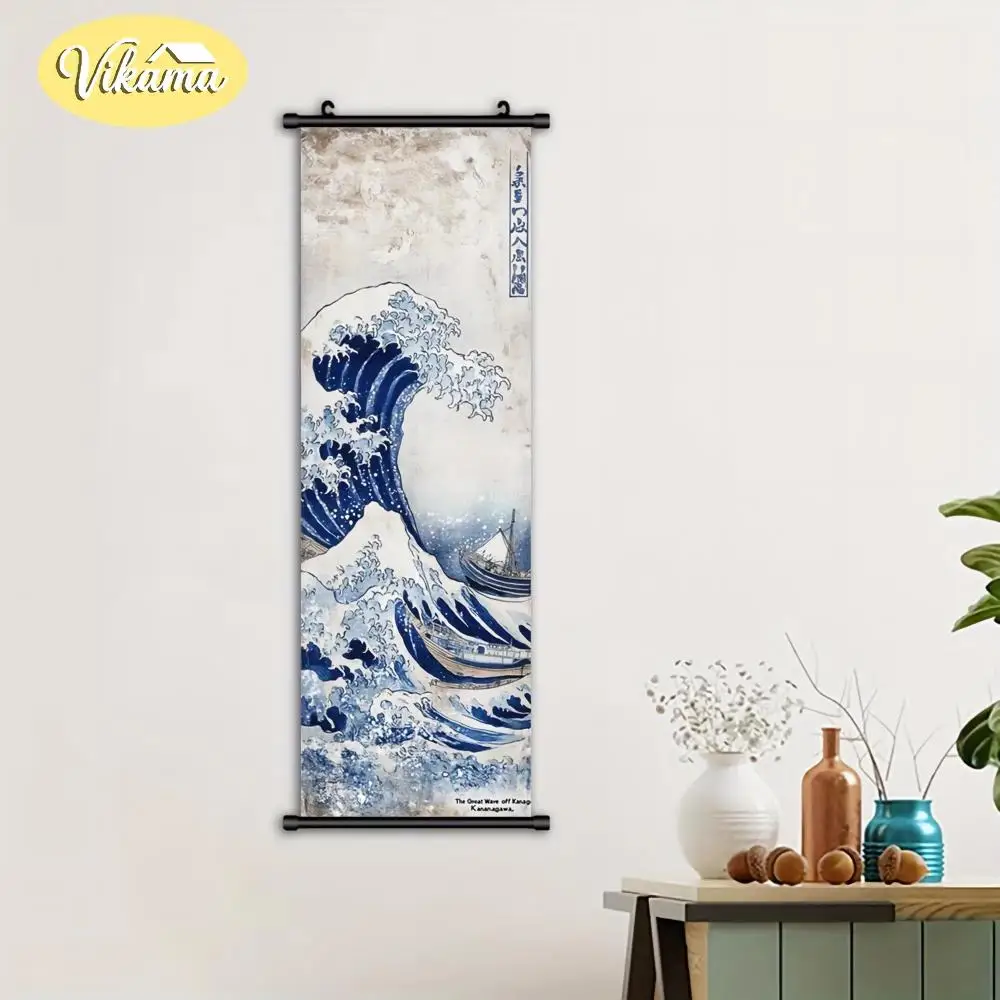 Kanagawa Surfing Scroll Tapestry, Japanese Ukiyo-e Wave Scroll Narrow Wall Hanging, Home Decor