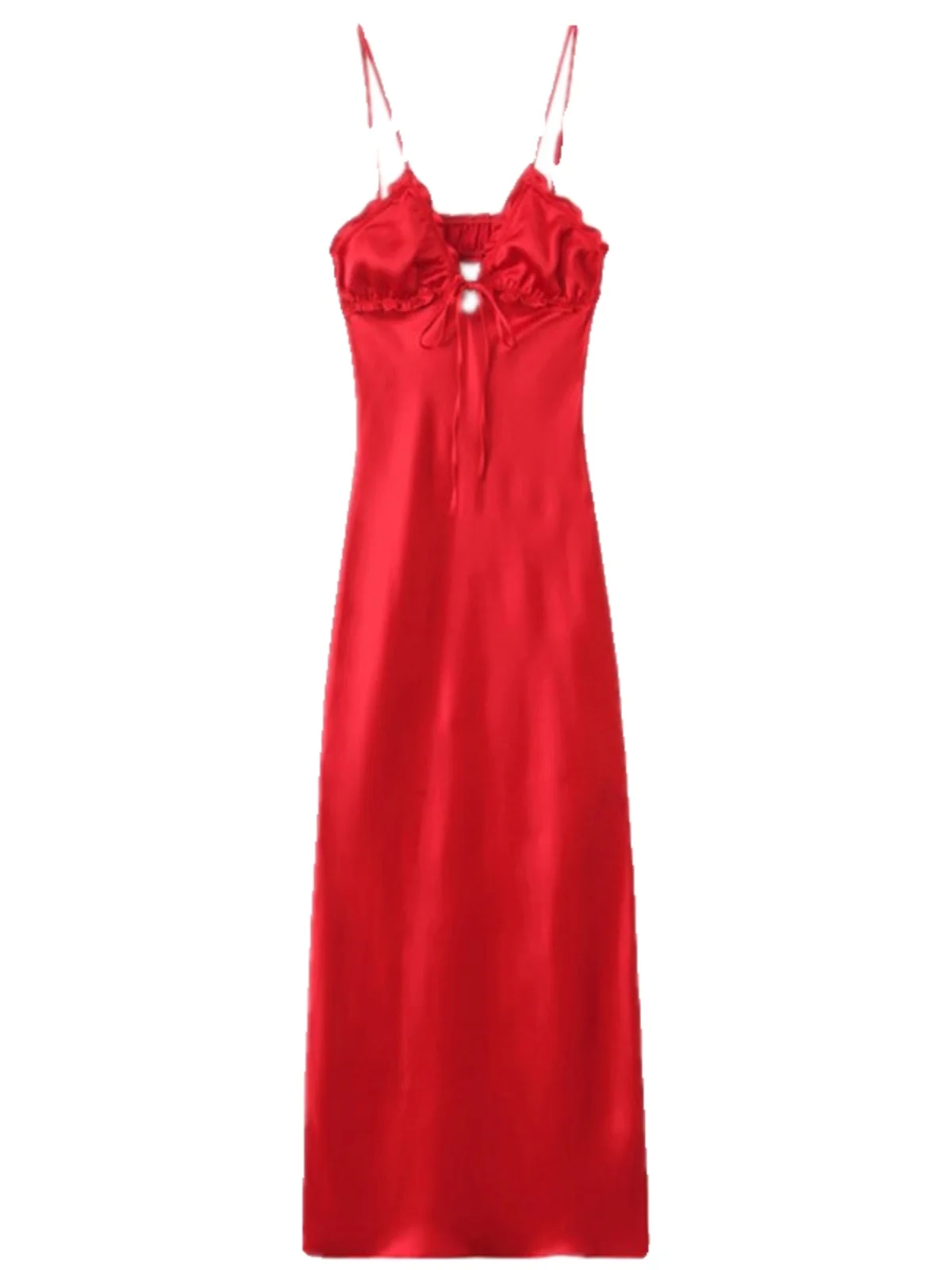 Vestido Midi de Seda Satin Decorativo em Camadas para Mulheres Primavera 2024 E Decote em V Sem Mangas para Senhoras Q...