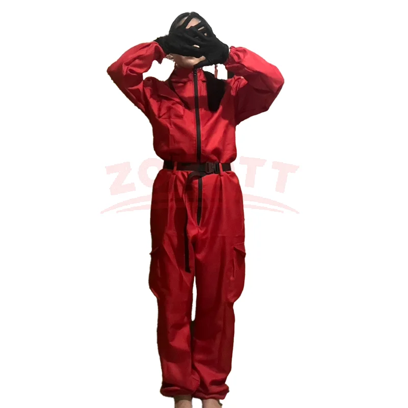 

Adult Calamari Game Costume Guard Cosplay Jumpsuit Outfit Teenagers Tracksuit Hooded Overall Belt Gloves Mask Set Halloween