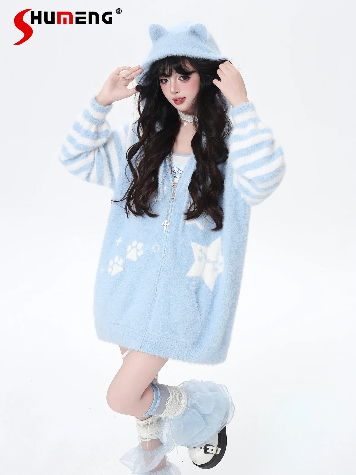 

Оригинальный японский субкультура Y2K, милый крутой свитер с капюшоном, полосатый мягкий свободный повседневный вязаный кардиган на молнии для женщин, осень