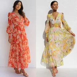 Bohemia Fashion Long Sleeves Deep V-neck Floral Print Chiffon Long Casual Maxi Dress For Women