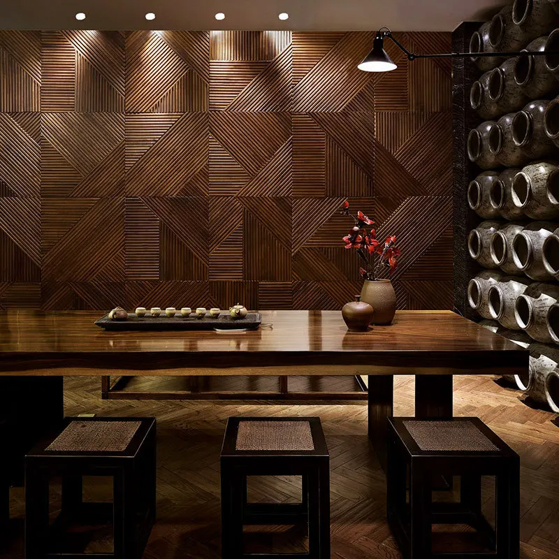Solid wood mosaic grille bar counter living room living room background wall decoration