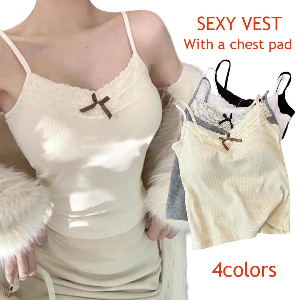 Sweet Short Tops Lace Sling Tops Knitted Crop Top Knit Wear Camisole Clothes Slim Short Bow Solid Color Sleeveless Tank Top