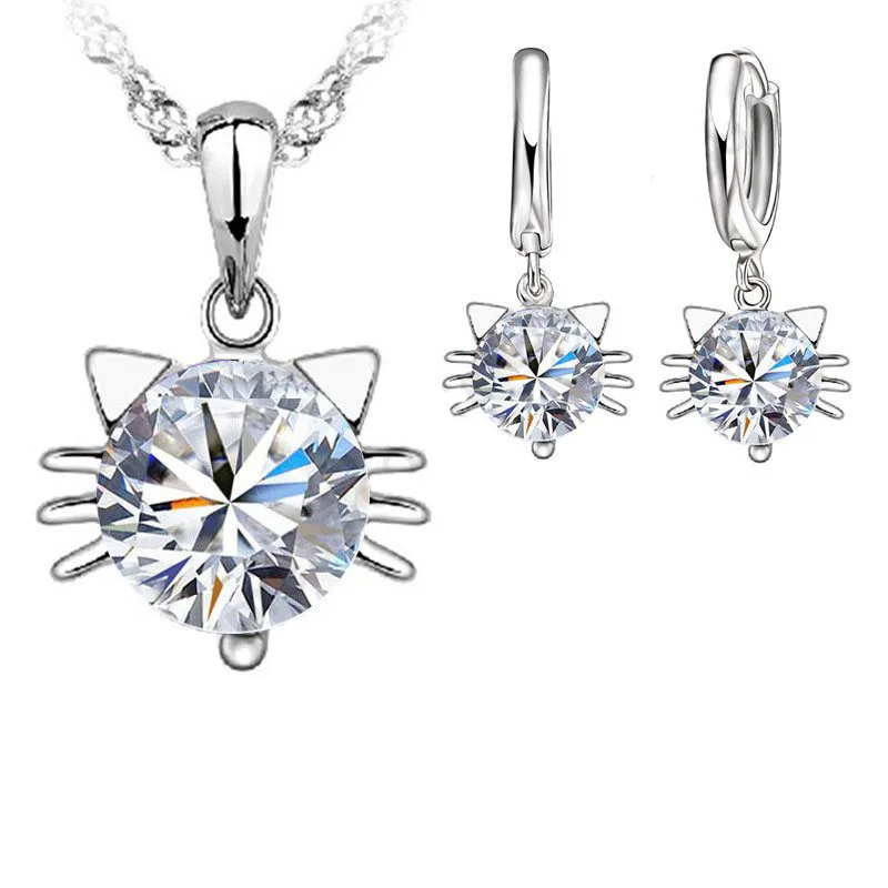 New Arrivals Romantic 925 Sterling Silver Cubic Zircon Cute Pretty Cat Necklace Hoop Earrings Jewelry Sets