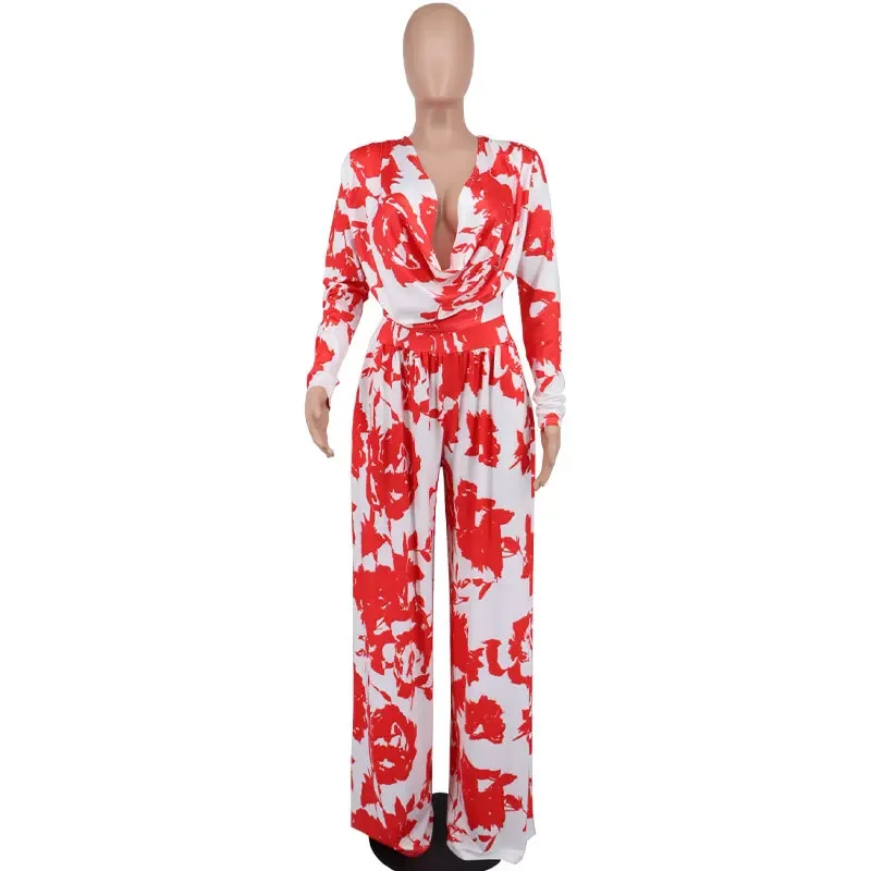 

Pant Set Women Two Piece Sets Print Pile Collar Matching Sets Casual Loose Tops Wide Leg Long Pants High Waist Y2k Streetwear