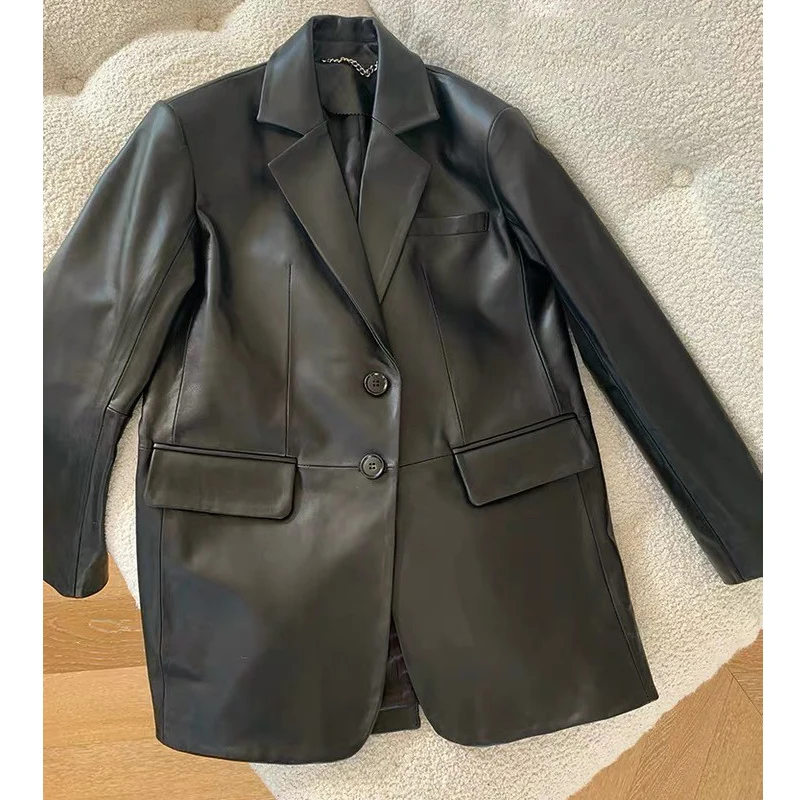 100% echtes Leder Frauen Oversize Stil Leder Blazer Jacken Mode Lässig Weiblichen Braunen A-ebene Schaffell Lose Anzug Mäntel