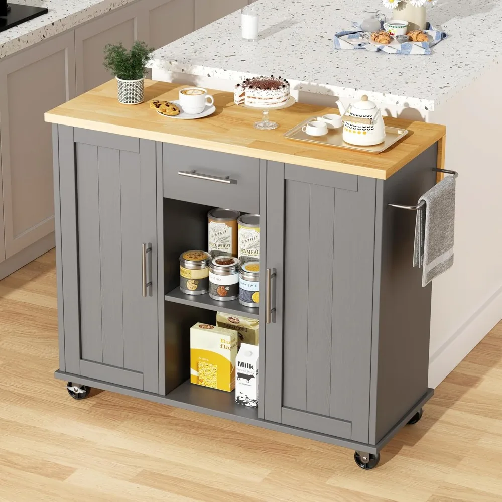 Катящийся кухонный остров с выдвижным листом, ящиками для хранения и вешалкой для полотенец для гибкого использования