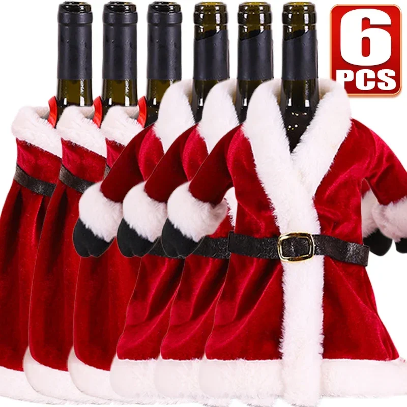 6/1Pcs Creative Christmas Wine Bottle Set Golden Velvet Dress Santa Claus Wine Bottle Cover Xmas New Year Dinner Table Decors