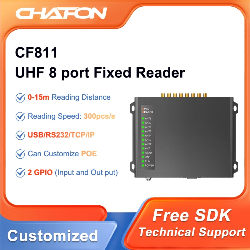 CHAFON CF811 uhf fixed rfid reader 8 ports with RS232 RJ45 interface for warehouse management