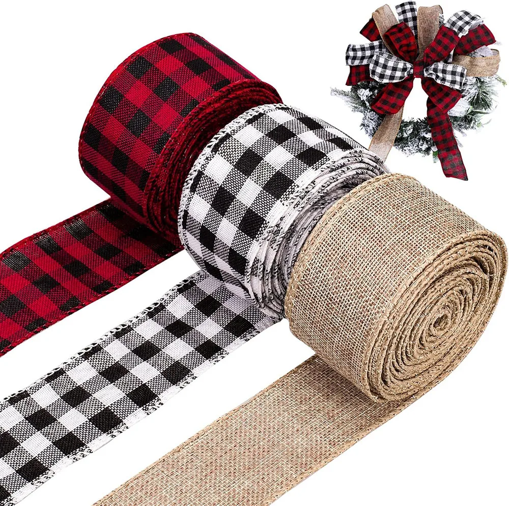 

2/5/10/20 Rolls 2 Yards Wired Edge Buffalo Plaid Ribbon Burlap Ribbon for Gift Wrapping DIY Crafts Wreaths Christmas Tree Decor