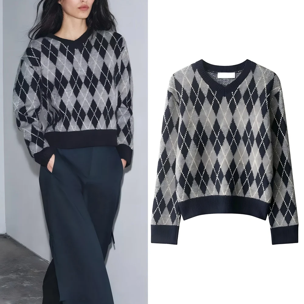 

Women's new comfortable casual small V-neck diamond pattern knitted sweater retro long sleeved women's pullover chic top