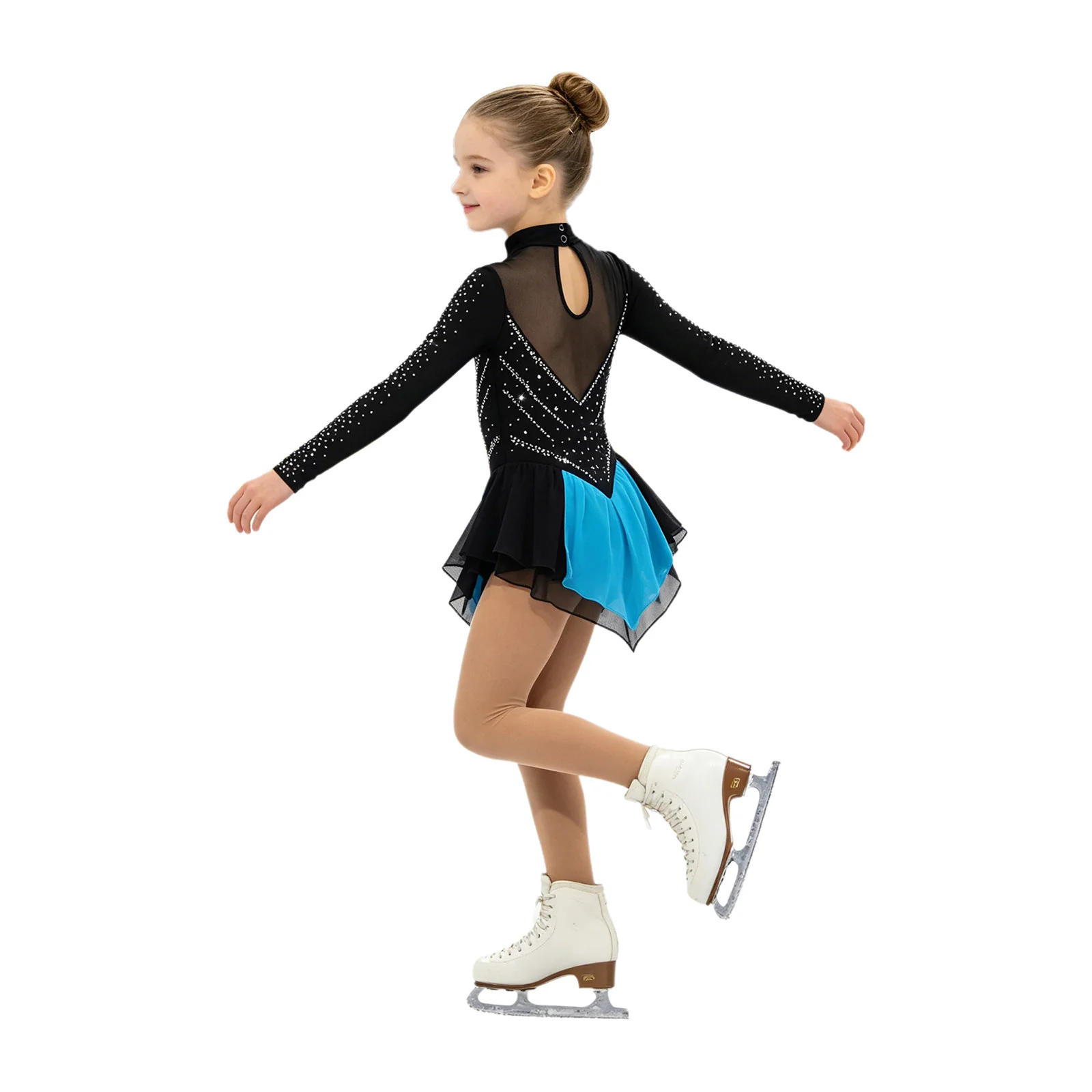 Girls Figure Skating Rhythmic Gymnastics Costume Rhinestone Long Sleeve Mesh Ballet Dance Dress Leotard for Stage Performance