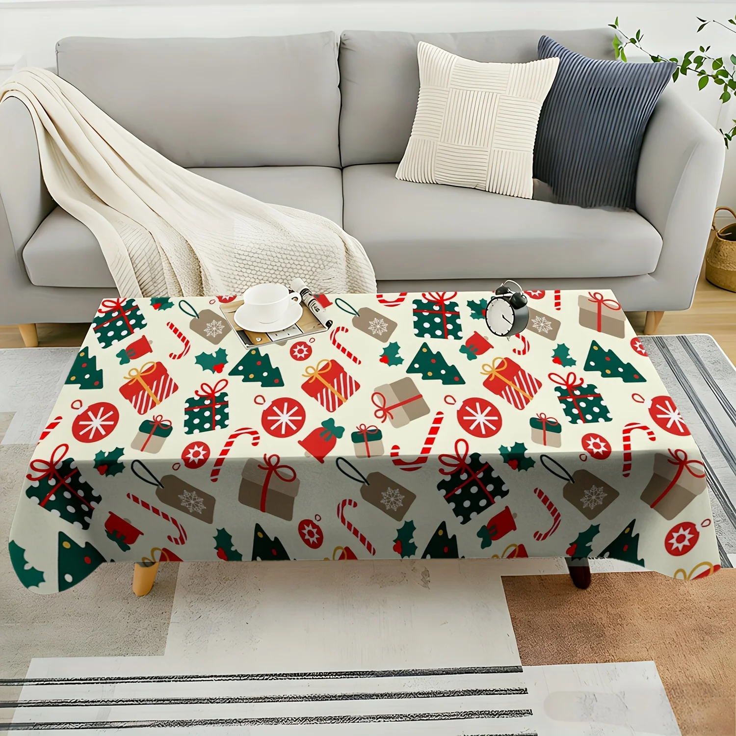 1pc 2D Flat Tablecloth, Christmas Gift Boxes Tree Candy Canes Snowflakes Holly Allover Printed Rectangle Tablecloth